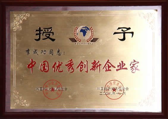 “中国优秀创新企业家”荣誉证书